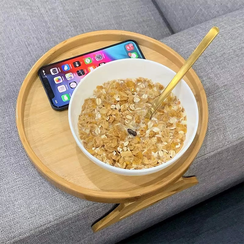 Wooden Sofa Armrest Tray Circular Clip on Breakfast Tray Home Use Foldable Sofa Side Table Snack Tray Integrated Storage Tray
