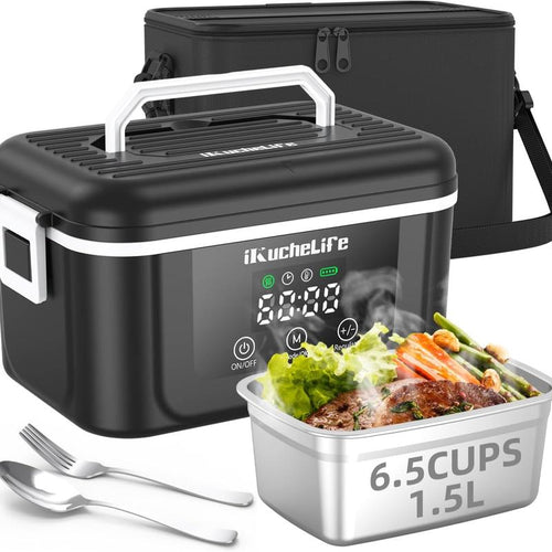 1.5L Heated Lunch Box with 18000Mah Battery,6.5-Cup Cordless Electric Food Warmer with Scheduled Heating & Digital Display,Portable Rechargeable Lunch Heater for Work, Office, Travel, Camping,Suitable for Adults and Children