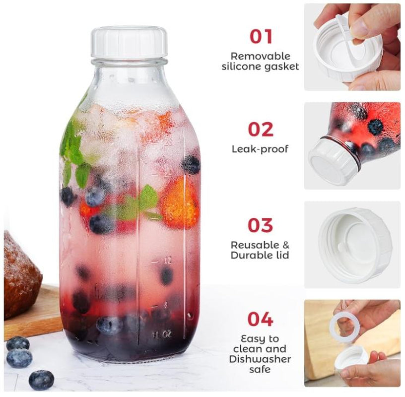 32 Oz Reusable Glass Milk Bottles with Silicone Dispenser Cap, 2 Pack Glass Jars with Airtight Screw Lid, Leak Proof Juice Bottles with Scale Mark Breastmilk Storage Container for Fridge