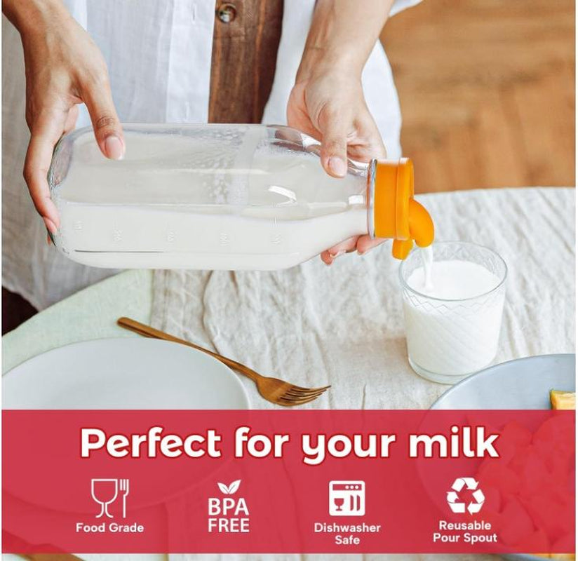 32 Oz Reusable Glass Milk Bottles with Silicone Dispenser Cap, 2 Pack Glass Jars with Airtight Screw Lid, Leak Proof Juice Bottles with Scale Mark Breastmilk Storage Container for Fridge