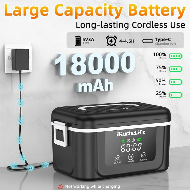 1.5L Heated Lunch Box with 18000Mah Battery,6.5-Cup Cordless Electric Food Warmer with Scheduled Heating & Digital Display,Portable Rechargeable Lunch Heater for Work, Office, Travel, Camping,Suitable for Adults and Children