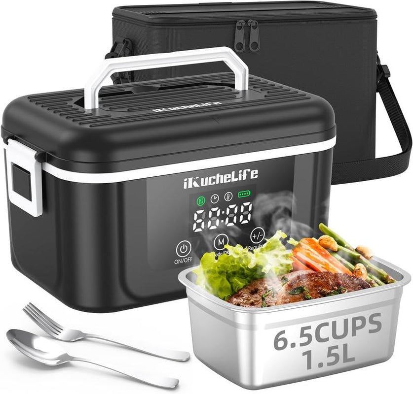 1.5L Heated Lunch Box with 18000Mah Battery,6.5-Cup Cordless Electric Food Warmer with Scheduled Heating & Digital Display,Portable Rechargeable Lunch Heater for Work, Office, Travel, Camping,Suitable for Adults and Children