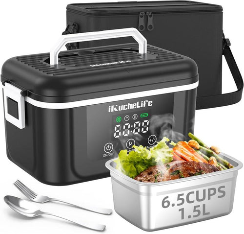 1.5L Heated Lunch Box with 18000Mah Battery,6.5-Cup Cordless Electric Food Warmer with Scheduled Heating & Digital Display,Portable Rechargeable Lunch Heater for Work, Office, Travel, Camping,Suitable for Adults and Children
