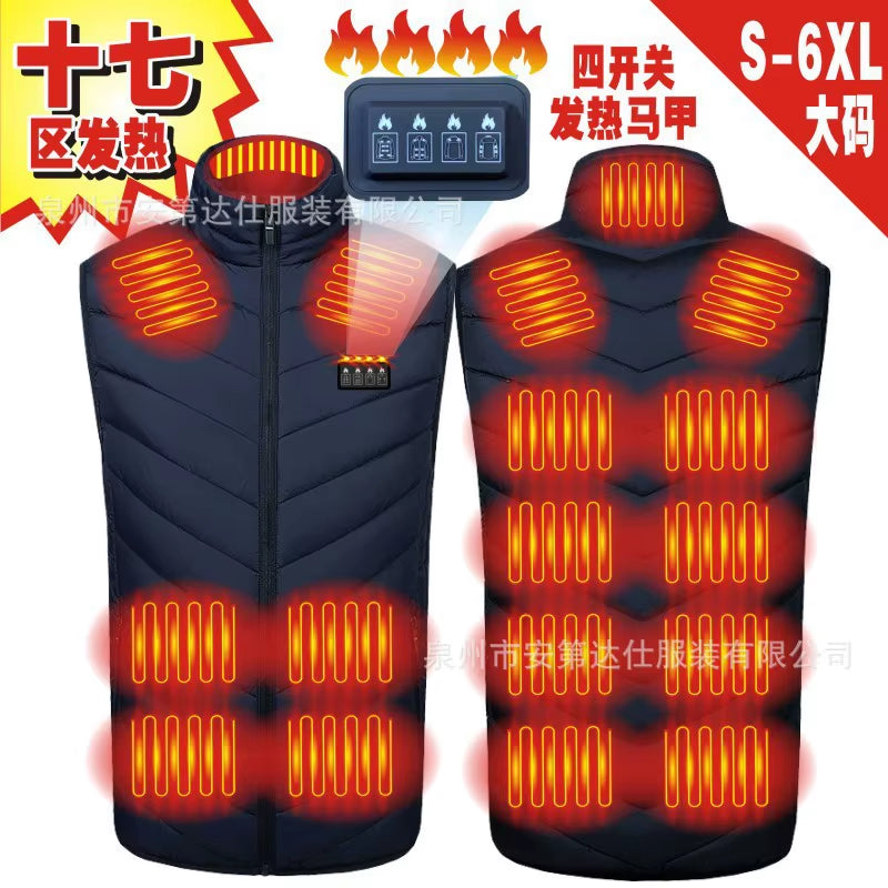 Smart Four Switch Control Temperature Heating Carbon Fiber Vest New Seventeen District Thermal Cotton Jacket Casual Men'S Vest