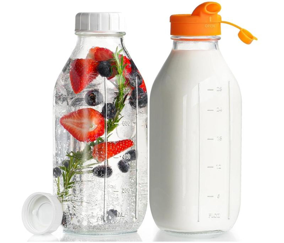32 Oz Reusable Glass Milk Bottles with Silicone Dispenser Cap, 2 Pack Glass Jars with Airtight Screw Lid, Leak Proof Juice Bottles with Scale Mark Breastmilk Storage Container for Fridge