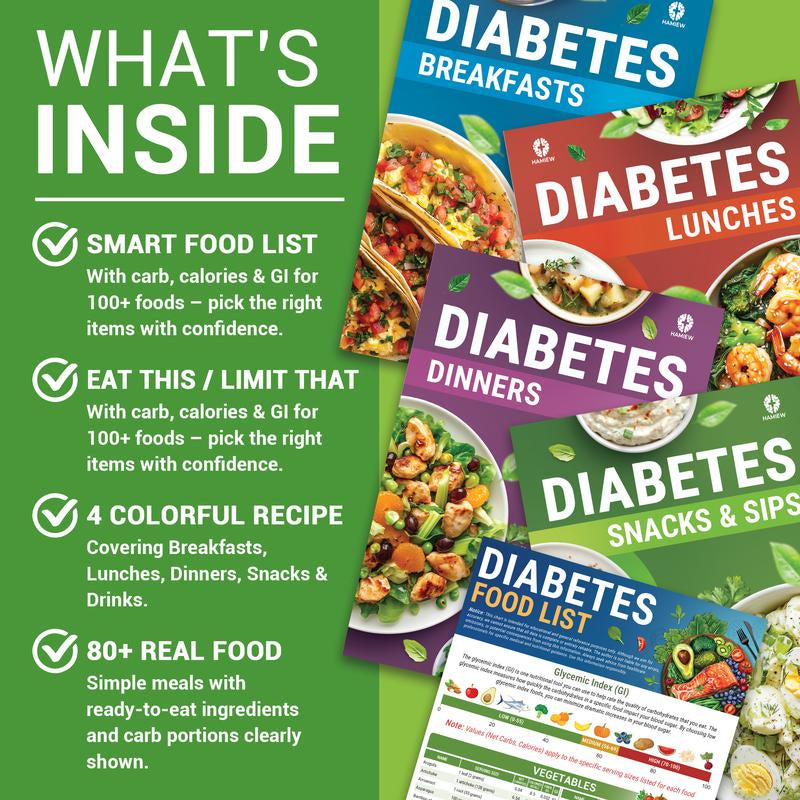 5 Pcs Diabetes Food List & Meal Planner & 80 Diabetic-Friendly Recipes– Printable Low GI Chart, Calorie & Carb Guide, Glycemic Index for Diabetics Type 1 & 2