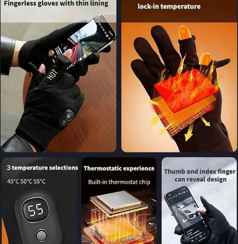 Electric Heated Gloves with Detachable Thumb and Index Finger, Three Temperature Settings, Rechargeable Hand Warmer, Insulated Gloves, Cycling Gloves, 3000Mah Battery (Removable for Cleaning), Ideal for Cycling, Gaming, and More, Christmas Gift