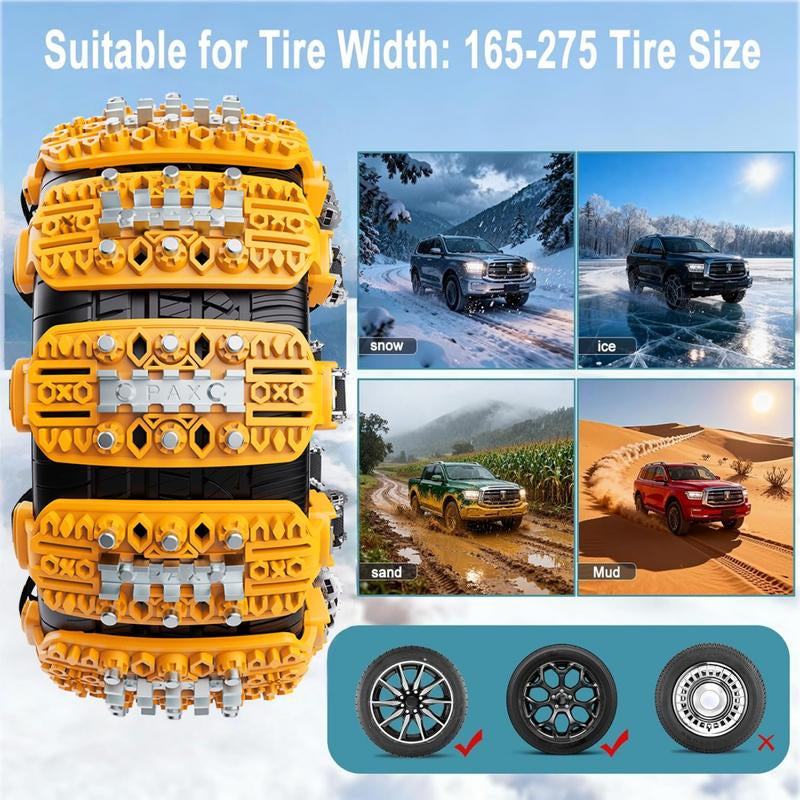 6 Pack Tire Chains Snow Chains with 8Pcs Large Steel Studs for Anti-Skid Traction, Adjustable Reusable Heavy-Duty Safety Chains with Tool & Bag for Cars, Pickup Trucks on Snow, Ice, Mud Roads - Fits Tire Width 165-275Mm