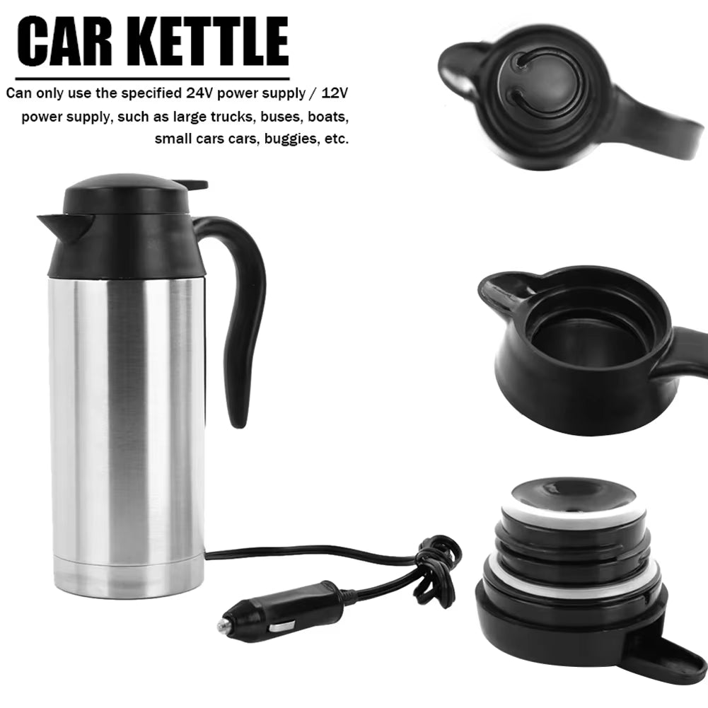 12V/24V Car Electric Heating Cup Kettle 750ML Stainless Steel Water Heater Bottle with Cigarette Lighter Plug Car Kettle Thermos