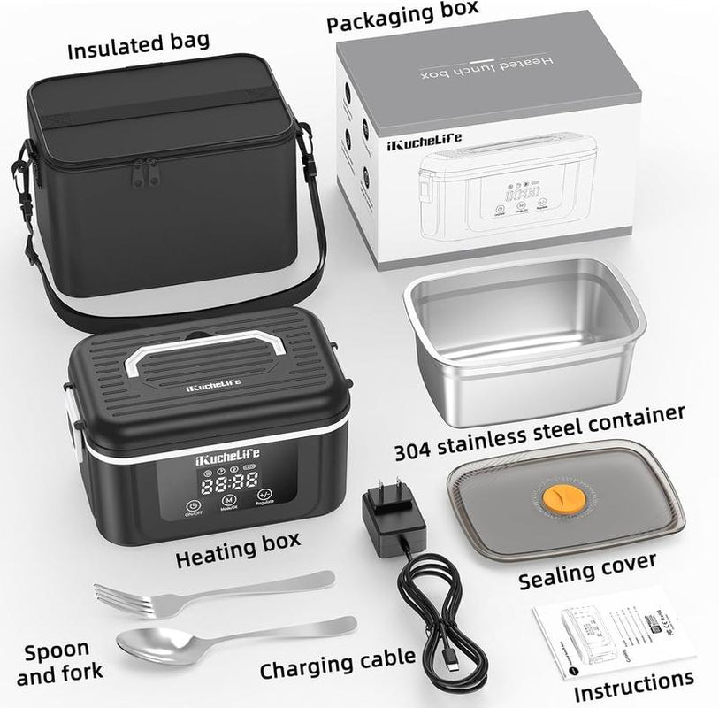 1.5L Heated Lunch Box with 18000Mah Battery,6.5-Cup Cordless Electric Food Warmer with Scheduled Heating & Digital Display,Portable Rechargeable Lunch Heater for Work, Office, Travel, Camping,Suitable for Adults and Children