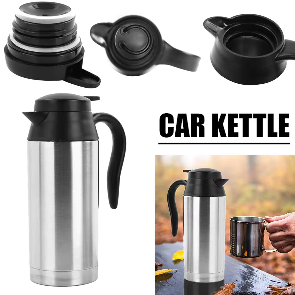 12V/24V Car Electric Heating Cup Kettle 750ML Stainless Steel Water Heater Bottle with Cigarette Lighter Plug Car Kettle Thermos