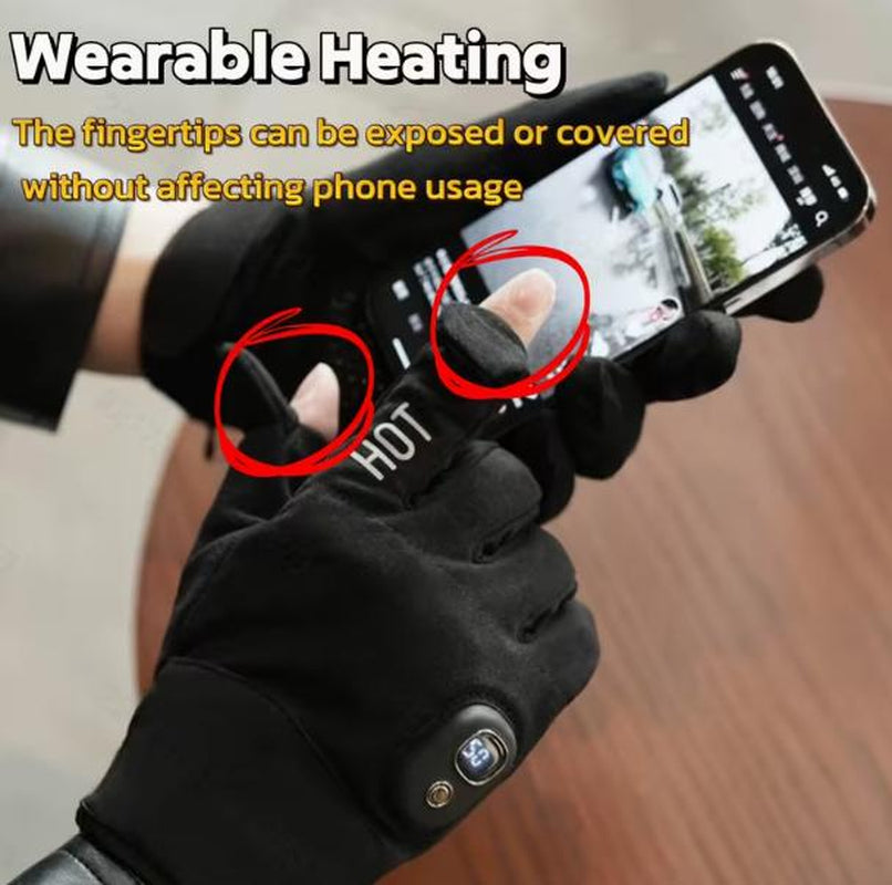 Electric Heated Gloves with Detachable Thumb and Index Finger, Three Temperature Settings, Rechargeable Hand Warmer, Insulated Gloves, Cycling Gloves, 3000Mah Battery (Removable for Cleaning), Ideal for Cycling, Gaming, and More, Christmas Gift