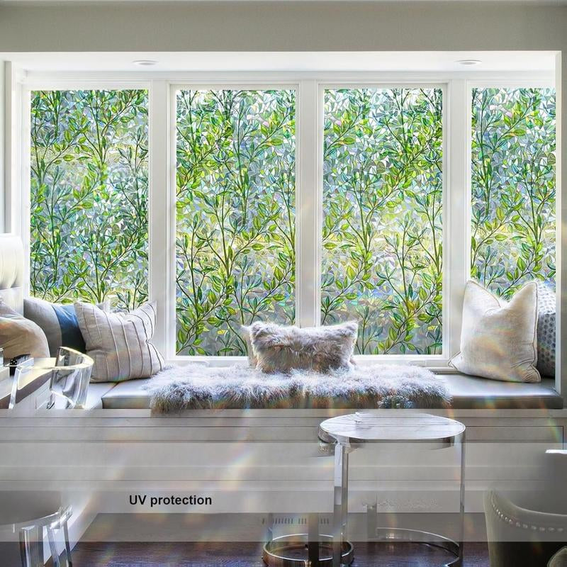 Leaf Rainbow Window Privacy Film Stain Glass Design 17.5 X 78.7 in Easy Install Reusable Decorative Film for Living Room Privacy