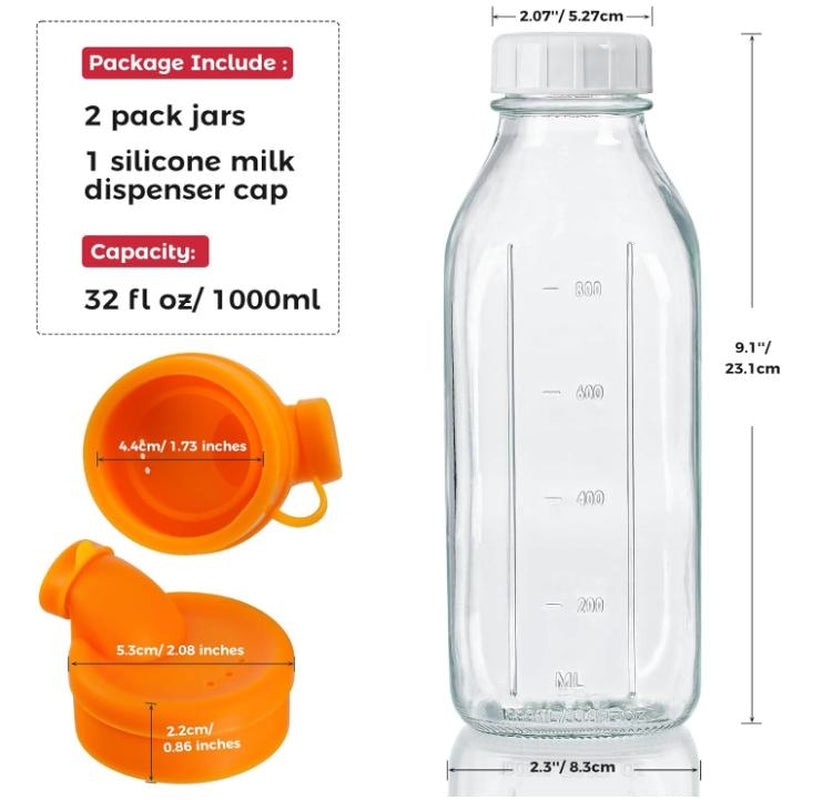 32 Oz Reusable Glass Milk Bottles with Silicone Dispenser Cap, 2 Pack Glass Jars with Airtight Screw Lid, Leak Proof Juice Bottles with Scale Mark Breastmilk Storage Container for Fridge