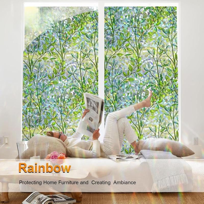 Leaf Rainbow Window Privacy Film Stain Glass Design 17.5 X 78.7 in Easy Install Reusable Decorative Film for Living Room Privacy